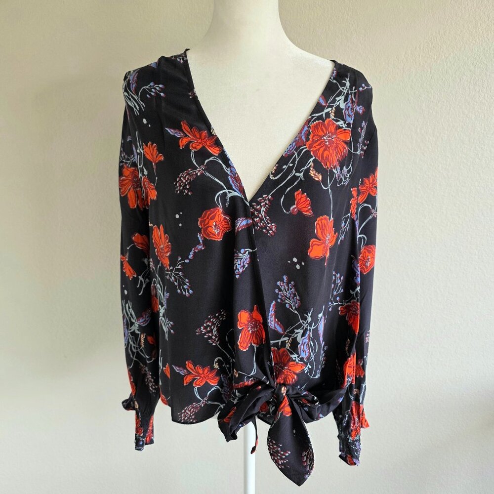 Madewell 100% Silk Blouse Top Floral Poppy Black Red Tie Hem Long Sleeve Size XL